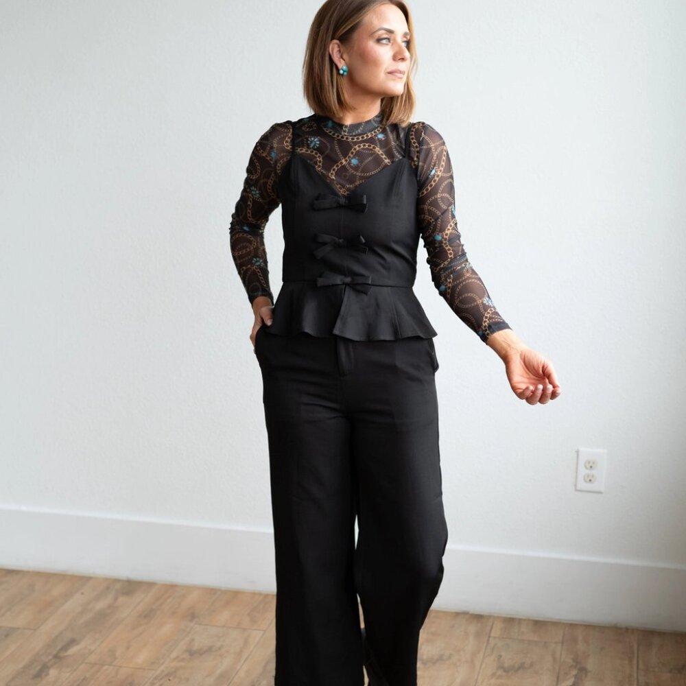 Women's Black Bow Top and Pant Set